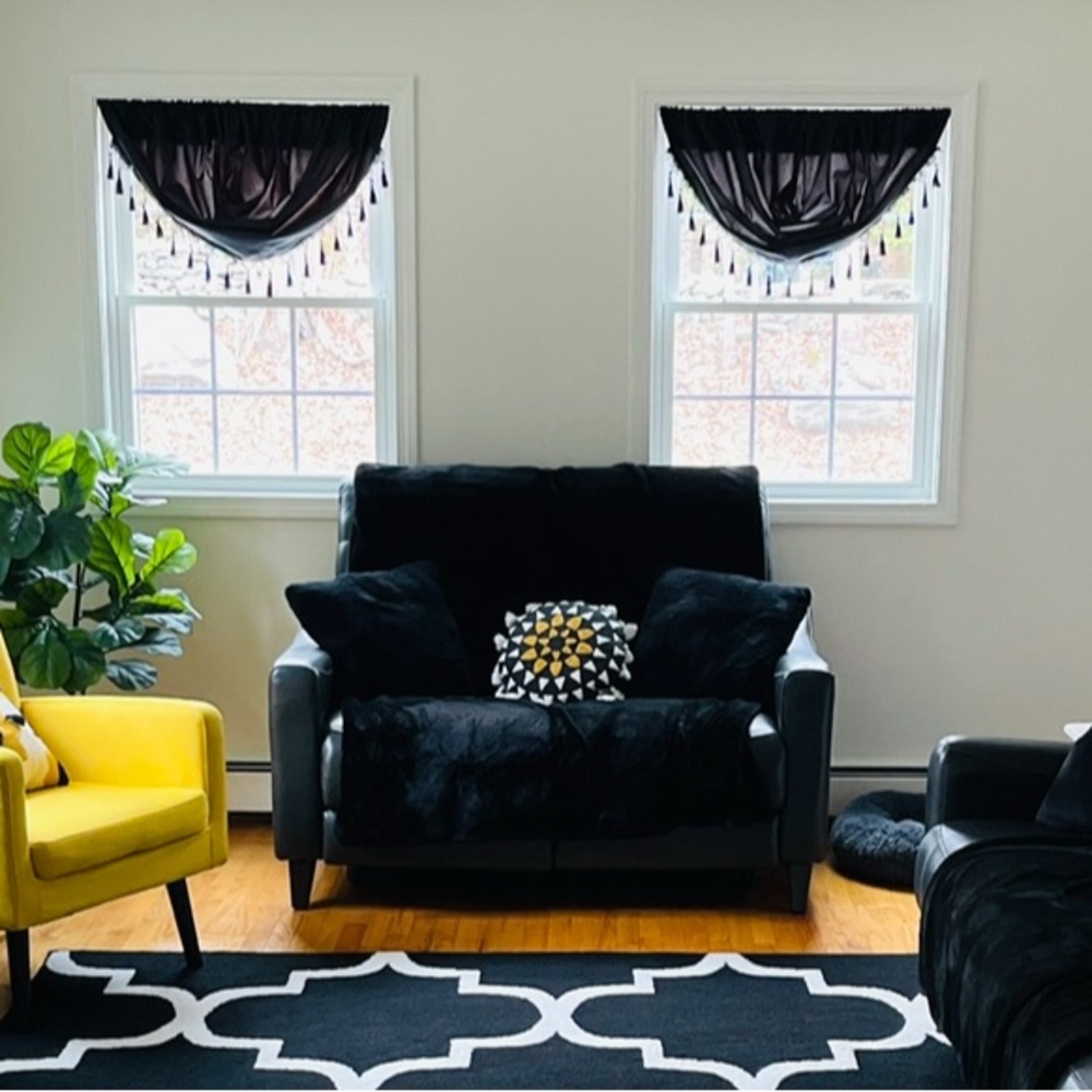 Set of 3 Elegant Black Swag Curtains with beaded fringe